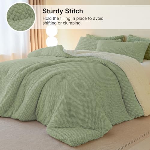 LLanCL 3D Jacquard Design Comforter Set, Ultra-Soft Warm King Size Sherpa Fur Plush 3-Pieces Sets Luxury Cozy Bedding with 2 Pillowcases (104"x90", Sage Green)