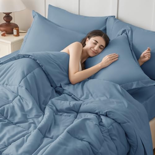 JOLLYVOGUE Full Comforter Set, Ultra-Soft Bed in a Bag Full Size 7 Pieces, Oeko-TEX Certified Bedding Set with Down Alternative Comforter, Sheets, Pillowcases & Shams, Dusty Blue