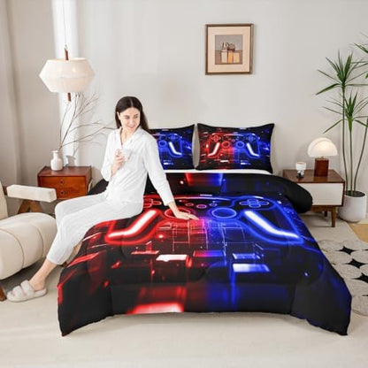 Gamer Comforter Set Gaming Girl Toddler Bedding Set, Neon Lights Video Game Console Comforter Red Blue Brick Cube Quilt,Gaming Room Decor for Boys