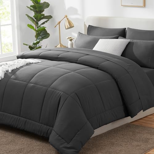 CozyLux King Size Comforter Set Dark Grey - 7 Pieces Bed in a Bag