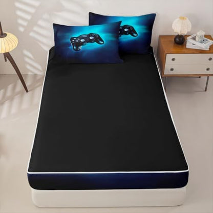 Feelyou Kids Game Comforter Set Zipper Bedding Queen for Boys, Blue All-in-one Zipper Bedding, Easy to Make, Washable, Soft Fabric, Comforter with Fitted Sheet, 2pcs Pillowcases