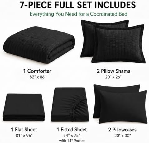 HIMEET Full Comforter Sets, 7-Piece Seersucker Bed in a Bag, Black