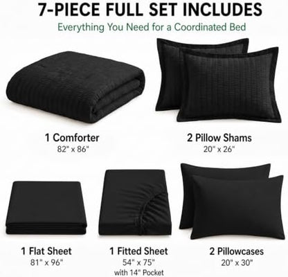 HIMEET Full Comforter Sets, 7-Piece Seersucker Bed in a Bag, Black