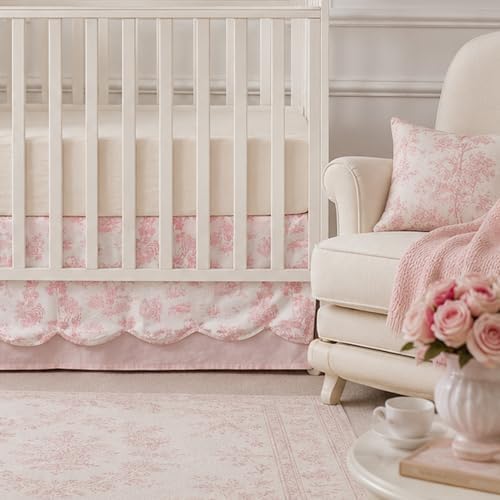 Brandream Scallop Edge Organic Cotton Crib Skirt Girls Toddler Bedskirt Baby Nursery Crib Bed Skirt Double Layer Bohemian French Country Toile with Solid Pink Pleated Dust Ruffle Farmhouse Chic Skirt
