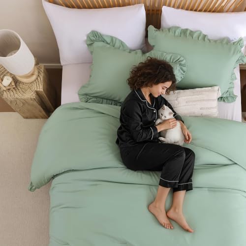 JANZAA Sage Green Comforter Set California King, Ruffle Soft Bedding