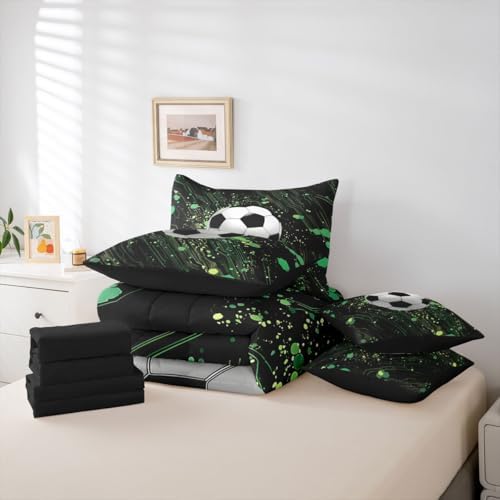Erosebridal Soccer King Bedding Set - Football Bed in a Bag,Cool Sports Game Comforter Sets with Sheets, Hippie Graffiti Style 7 Pieces Bed Set Bedroom Decor