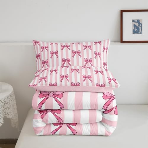 jejeloiu Pink Bow Bedding Set Soft for Boys Girls, Bowknot Comforter Set King Size Bow-tie Duvet Quilt Microfiber Colourful Bowknot Bedroom Decor 3 Pcs with 2 Pillow Cases
