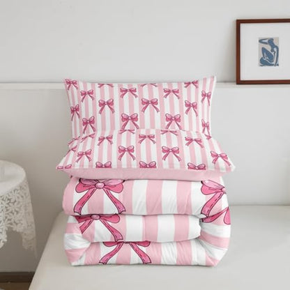 jejeloiu Pink Bow Bedding Set Soft for Boys Girls, Bowknot Comforter Set King Size Bow-tie Duvet Quilt Microfiber Colourful Bowknot Bedroom Decor 3 Pcs with 2 Pillow Cases