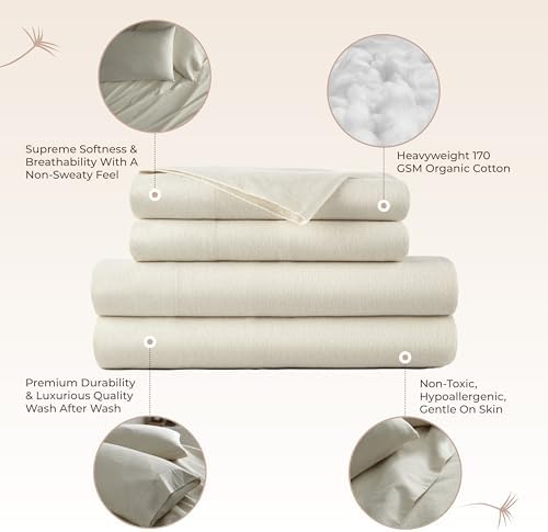 100% Organic Flannel Sheets Twin Size - GOTS Certified 100% Cotton Flannel Sheets Set with Comfortable Soft Brushed Finish & Deep Pocket - 1 Flat 1 Fitted & 1 Pillowcase (Natural, Twin)