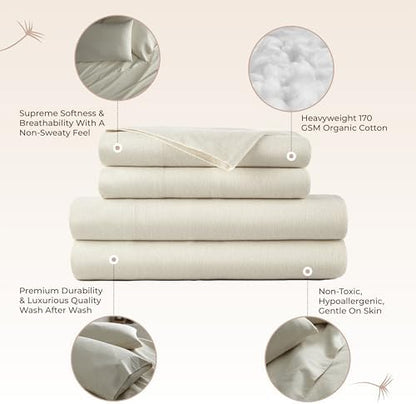 100% Organic Flannel Sheets Twin Size - GOTS Certified 100% Cotton Flannel Sheets Set with Comfortable Soft Brushed Finish & Deep Pocket - 1 Flat 1 Fitted & 1 Pillowcase (Natural, Twin)
