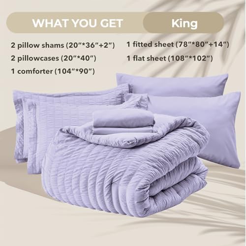 HYMOKEGE Light Purple King Size Comforter Set Seersucker 7 Pieces, All Season Luxury Bed in a Bag for Bedroom, Bedding Set with Comforter, Sheets, Pillowcases & Shams