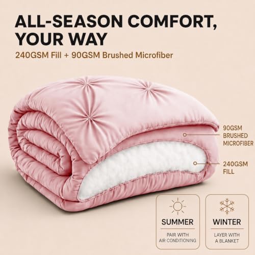 HIMEET King Size Comforter Set Pink - 7 Pieces Pintuck Bed in a Bag