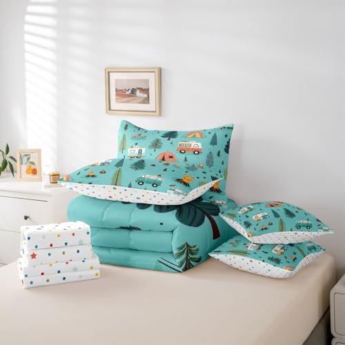 Erosebridal Happy Camping 7 Pieces Bedding Set King Size,Camper Camping Theme Bed in a Bag,Travel Car Rv Bed Set Includes Comforter,Sheet Set,Pillowcases & Pillow Covers,Botanical Trees Bedroom Decor