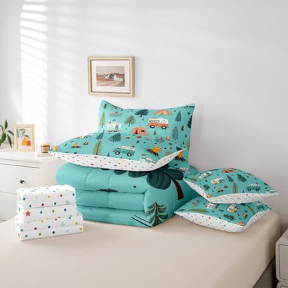 Erosebridal Happy Camping 7 Pieces Bedding Set King Size,Camper Camping Theme Bed in a Bag,Travel Car Rv Bed Set Includes Comforter,Sheet Set,Pillowcases & Pillow Covers,Botanical Trees Bedroom Decor