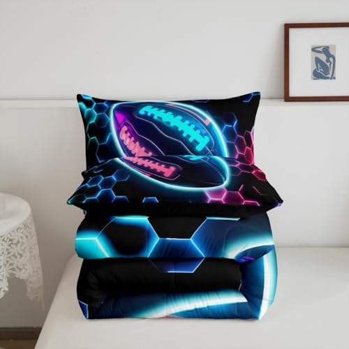 Erosebridal Rugby Sports Comforter Set for Kids Boys Girls Football Bedding Honeycomb Hexagon Duvet Set Colorful Neon Lights Comforter Full with 2 Pillowcases