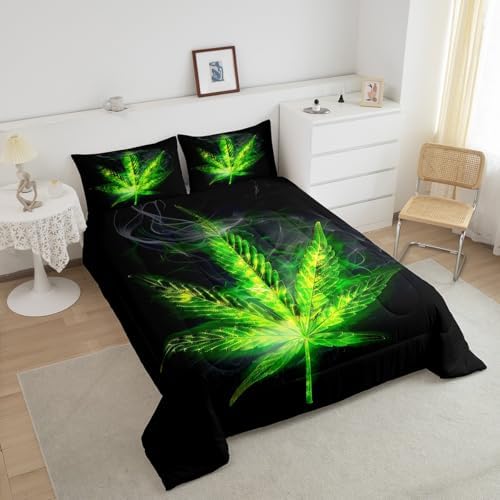 Erosebridal Boho Leaf Comforter Set Queen Size, Adult Leaves Bedding Set, Exotic Leaves Rustic Down Comforter for Kids Teens Women, Maple Leaf Quilted Duvet Bedroom Decor, Green Black