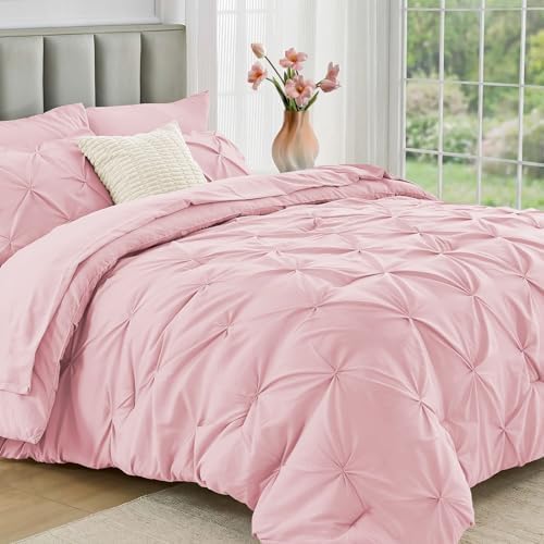 JOLLYVOGUE Oversized Queen Comforter Set 7 Pieces - Bed in a Bag Oversized Queen for All Season, Pintuck Bedding Sets with Comforter, Flat Sheet, Fitted Sheet and Pillowcases & Shams, Baby Pink