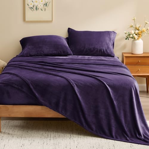 BEDELITE Flannel Sheets Queen Size, Purple, 4 Pieces