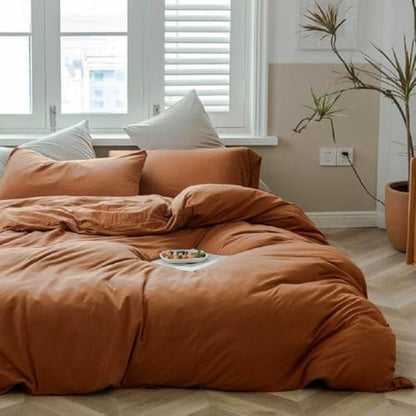 LifeTB Terracotta Burnt Orange Duvet Cover Set Queen Jersey Knit Duvet Cover 100% T-Shirt Cotton Comforter Cover Caramel Rust Color Bedding Set Boho Pumpkin Orange Comforter Cover with Zipper Closure