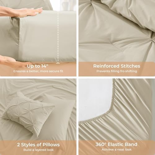 Sasttie Twin XL Comforter Set, 5-Piece Bed in a Bag, Pintuck Bedding Sets for All Season, Includes Comforter, Flat Sheet, Fitted Sheet, Pillowcase and Pillowsham, Linen
