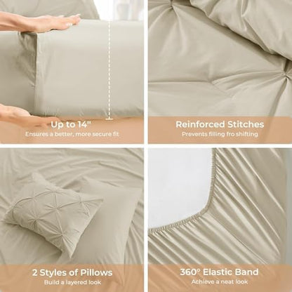 Sasttie Twin XL Comforter Set, 5-Piece Bed in a Bag, Pintuck Bedding Sets for All Season, Includes Comforter, Flat Sheet, Fitted Sheet, Pillowcase and Pillowsham, Linen