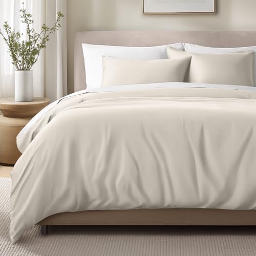 Bare Home 100% Organic Cotton Sateen Duvet Cover Set (Queen, French Beige)