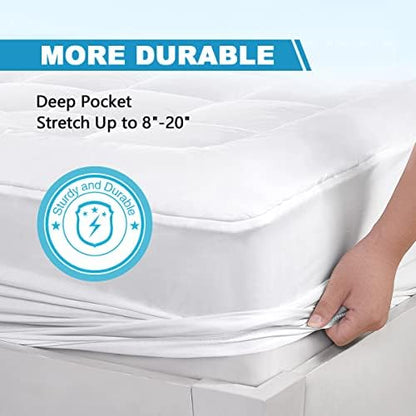 Twin Mattress Pad Cover Top with Stretches to 18” Deep Pocket Fits Up to 8”-21” Cooling White Bed Topper (Down Alternative, Twin Size)