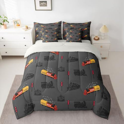 Feelyou Vintage Retro Train Comforter Set King Size Steam Locomotive Down 7 Pcs Bedding for Kids Adults, Boys Girls Bed in a Bag,Transportation Vehicles Bed Sheet Sets with Fitted Sheet Pillowcases