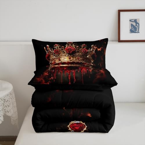 Golden Crown Kids Comforter Set Twin Size,Rose Flowers Smoke Gothic Romantic Bedding Set,Girls Boys Room Decor,Blood Western Halloween Quilt Comforter,Red Black Retro Duvet Insert,1 Pillowcase