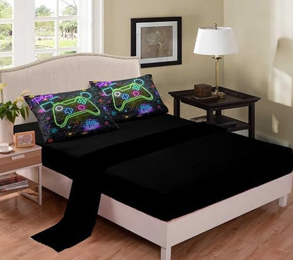 MWMWMW Gaming Comforter Sets for Boys Girls, 5 Piece Bed in a Bag Twin, Boys Twin Bedding Sets for Kids, Gamer Bedding Sets with 1 Comforter, 2 Pillowcases, and 1 Flat Sheet, 1 Fitted Sheet