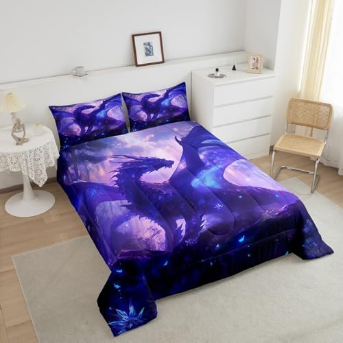 Feelyou Dragon Comforter Set Full Size Jungle Dragon Comforter for Boys Girls Teens Western Dragon Bedding Set Wild Animal Duvet Set Room Decor Purple Quilt Set