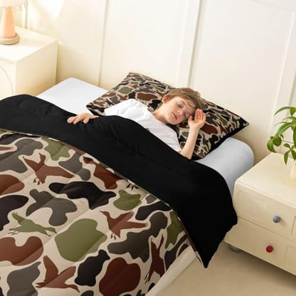 Duck Hunting Comforter Set -Army Camo Comforter Toddler Size Green Brown Camouflage Bedding Set for Kids Girls Boys Bedroom Decor,Rustic Farmhouse Wild Animal Quilt Duvet,2 Pcs with 1 Pillowcase