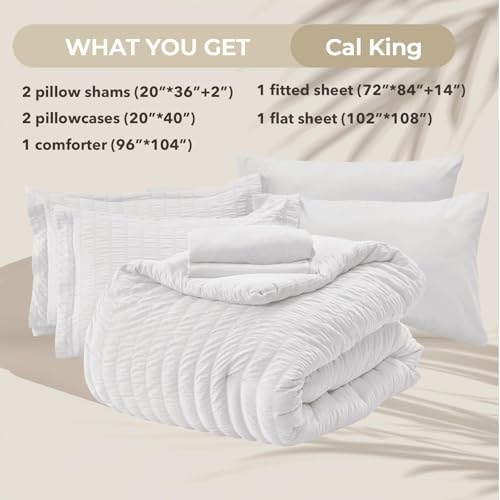 HYMOKEGE White California King Comforter Set Seersucker 7 Pieces, All Season Luxury Bed in a Bag for Bedroom, Bedding Set with Comforters, Sheets, Pillowcases & Shams
