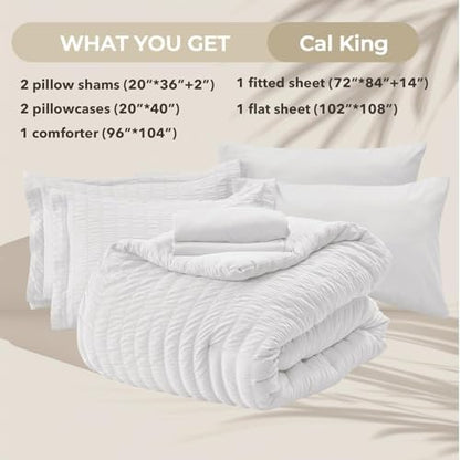 HYMOKEGE White California King Comforter Set Seersucker 7 Pieces, All Season Luxury Bed in a Bag for Bedroom, Bedding Set with Comforters, Sheets, Pillowcases & Shams