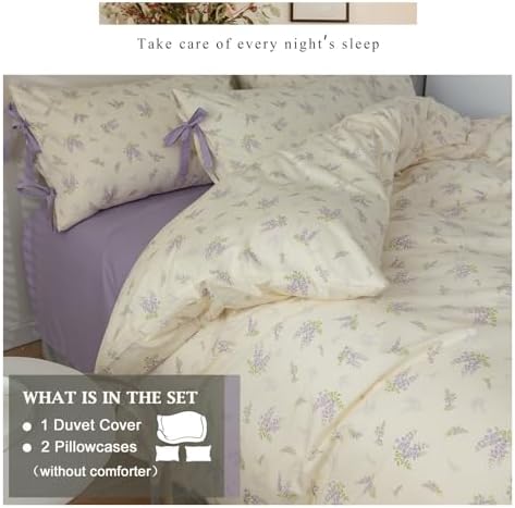 VM VOUGEMARKET Purple Flower Duvet Cover Set Full 3 Pieces Cream Duvet Cover with Bow Ties,Cottagecore Bedding Set 100% Cotton Vintage Country Comforter Cover for Teens Girls Without Filling-80 x90
