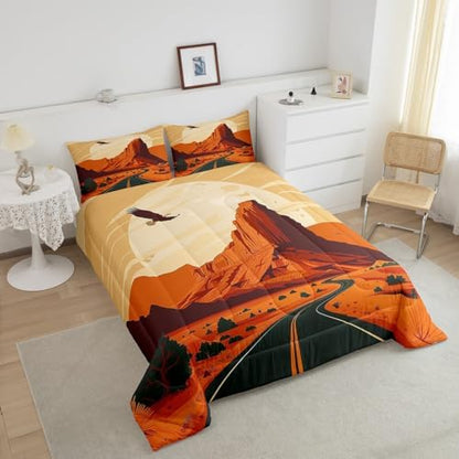 Western Desert Comforter Set Twin Size,Road Travel Nature Scenery Bedding Set for Kids Teens Adults Room Decor,Retro Rustic Farmhouse Quilt Set,Sunset Cowboy Vintage Duvet Insert 2Pcs,1 Pillowcase