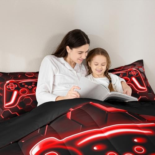 Erosebridal Gaming Comforter Set Neon Honeycomb Gamer King Bedding Set, Video Game Consoles Comforter Red Hexagon Lights Duvet Insert,Kids Bedroom Decor