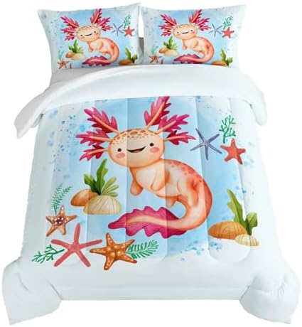 HOSIMA Axolotl Bedding Set for Kids Room Decor,Cartoon Axolotl Starfish Pattern Kawaii Bedding Set,Queen Comforter Set for Girls Child Boys,Cartoon Sea Animals Comforter Twin with 2 Pillowcase.