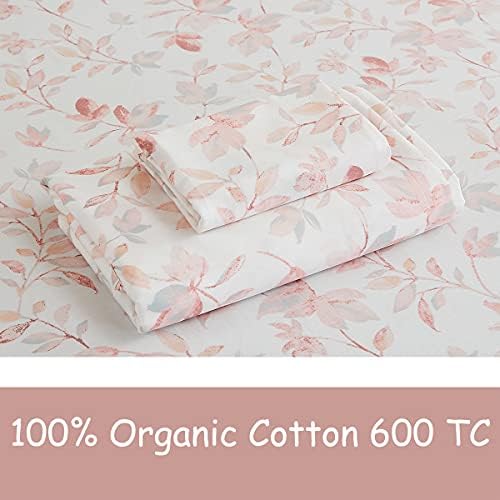 FADFAY Cotton Sheets Set Twin, Blush Pink Sheet Set Soft Girls Elegant Floral and Branches Leaves Printed Deep Pocket Fitted Sheet 4Pcs, Twin Size