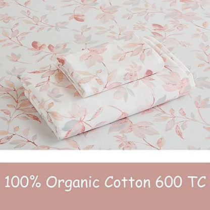 FADFAY Cotton Sheets Set Twin, Blush Pink Sheet Set Soft Girls Elegant Floral and Branches Leaves Printed Deep Pocket Fitted Sheet 4Pcs, Twin Size