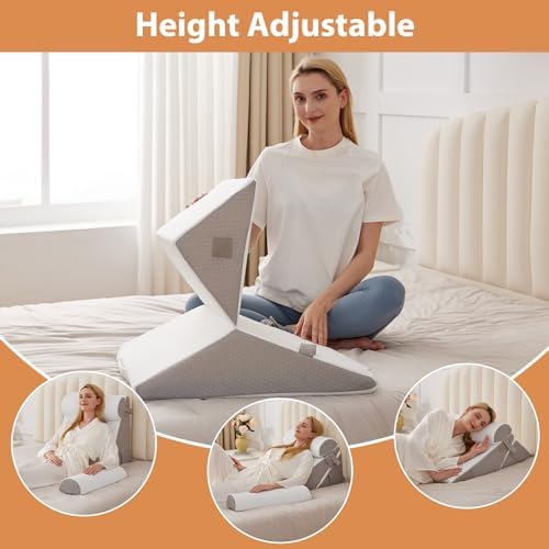 BIEEZZK 4PCS Wedge Pillow Set for After Surgery, Back Pillow for Bed Sitting up, 9&12inch Adjustable Memory Foam Bed Wedges, Pillow Wedge for Acid Reflux, Back Pain Relief, Snoring, White/Grey