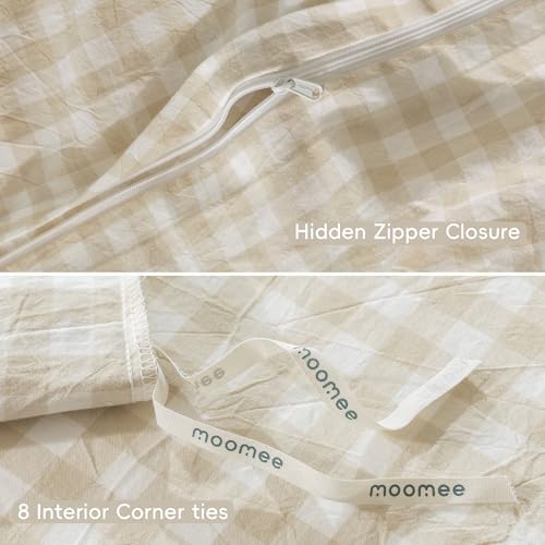 MooMee Gingham Duvet Cover Set 100% Washed Cotton Linen Like