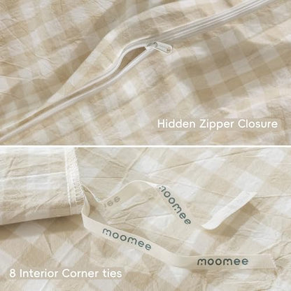 MooMee Gingham Duvet Cover Set 100% Washed Cotton Linen Like