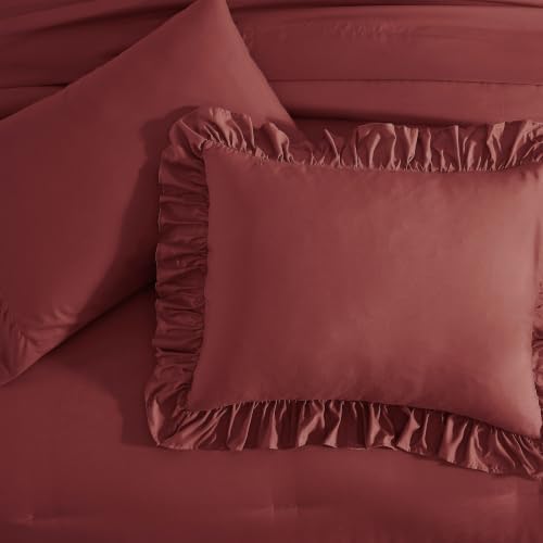 Queen Comforter Set Syrah Red Ruffle 7 Pieces Farmhouse Bed in a Bag
