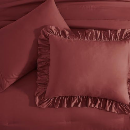Queen Comforter Set Syrah Red Ruffle 7 Pieces Farmhouse Bed in a Bag