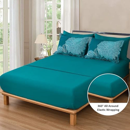 Yiran Teal Floral Comforter Set King 7 Pieces Bed in a Bag Soft Microfiber Bedding Set with 1 Comforter 1 Flat Sheet 1 Fitted Sheet 2 Pillowshams and 2 Pillowcases 104''x90''