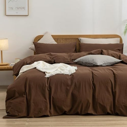 BESTOUCH Cotton Solid Duvet Cover Set Linen Feel Cocoa Brown Alaska King