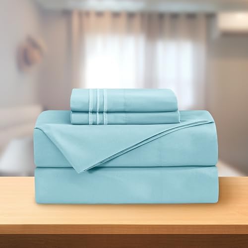 Elegant Comfort Luxury 4-Piece Bed Sheet Set - Luxury Bedding 1500 Premium Hotel Quality Microfiber, Wrinkle Resistant Cool & Breathable, Easy Elastic Fitted, Queen, Baby Blue