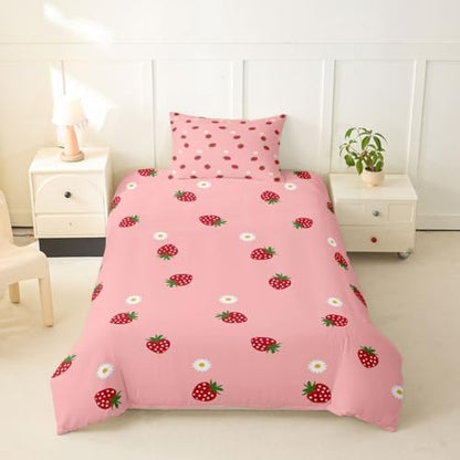 Strawberry Comforter Cover Set Tropical Fruit Bedding Set for Girls Kids Teen Cute Cartoon Fruits Pattern Duvet Cover Soft Microfiber Reversible Bedspread,1 Duvet Cover with 1 Pillowcase, Twin