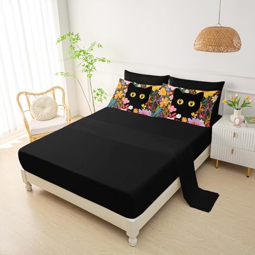 QOOMO Floral Cat 7 Pieces Comforter Set Twin Size,Floral Cat Bedding Set